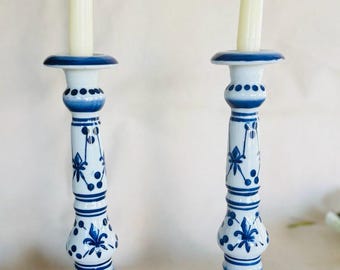 Tall Vintage French Blue and White Ceramic Candlesticks }
