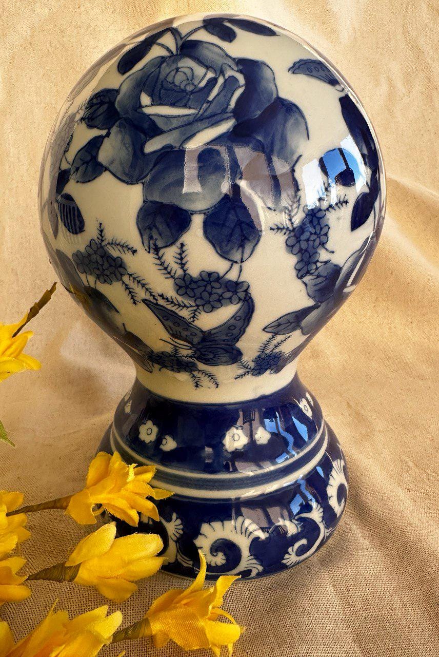 Fine Porcelain Seymour Mann China Blue Hand Painted Ball Decor } Ball Piece Blue White with Butterflies and Roses } Chinoiserie Decor }