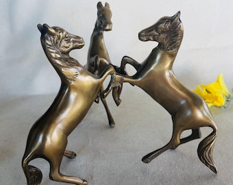 Vintage Brass Three Stallions Stand Sculpture } Mid Century Modern Rearing Horse Trio Figurine } Equestrian Decor } Brass 3 Horses Statue }