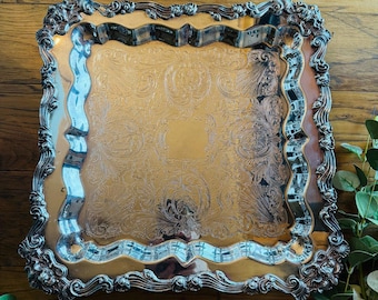 Vintage Large Sheridan Silver Plate Footed Serving Butlers Tray } 15.75" Square with Ornate Scroll Work and Floral Designs } Silver Platter}