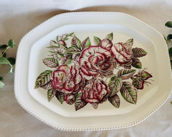 Vintage Large Johnson Brothers Old Flower Prints Serving Banquet Platter 20.5" XL Rose Pattern } Pink Rose Turkey Oval Platter Rope Rim }