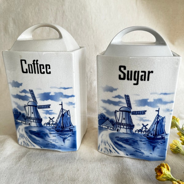 Delft Blue and White Coffee and Sugar Porcelain Canister-Windmill and Sailboat-Hand Painted-Crackled Finish-Antique Cannister