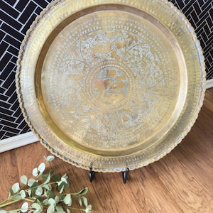 Large Brass Etched Oriental Table Top Tray } Vintage Brass Tray