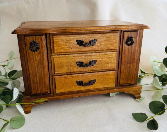 Vintage Oak Wood Musical Jewelry Box } Cabinet Dresser Style Jewel