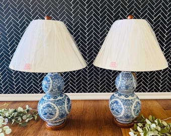 Tall Large 27" Polo Ralph Lauren Home Blue White Koi Fish Double Gourd Asian Chinoiserie Table Lamp Light } Oriental Ginger Jar Vase Lamp }