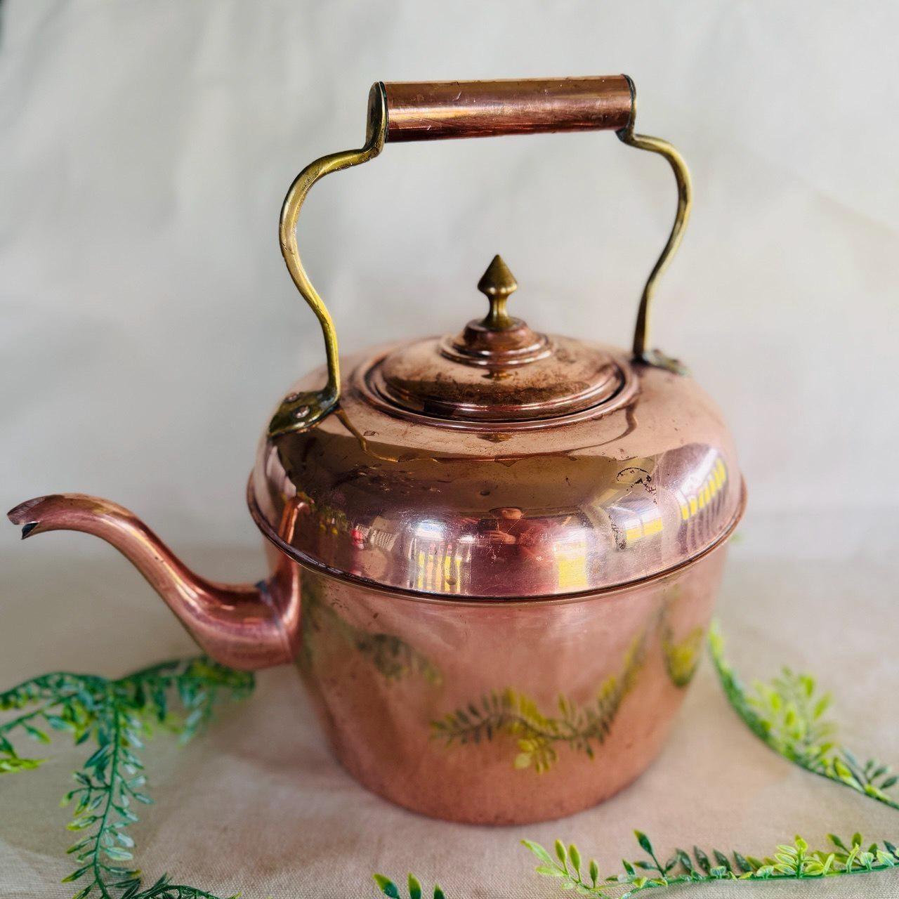 Antique XL Copper and Brass Tea Kettle } Swan Neck Spout } Brass