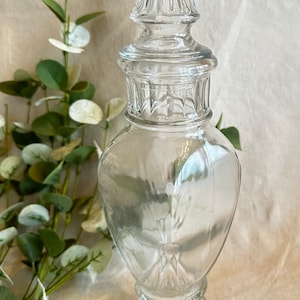 Vintage Wheaton Glass Apothecary Jar } Marked 'W' on bottom } Clear Glass Candy Dish Display with Glass Lid } Antique Large Glass Jar }