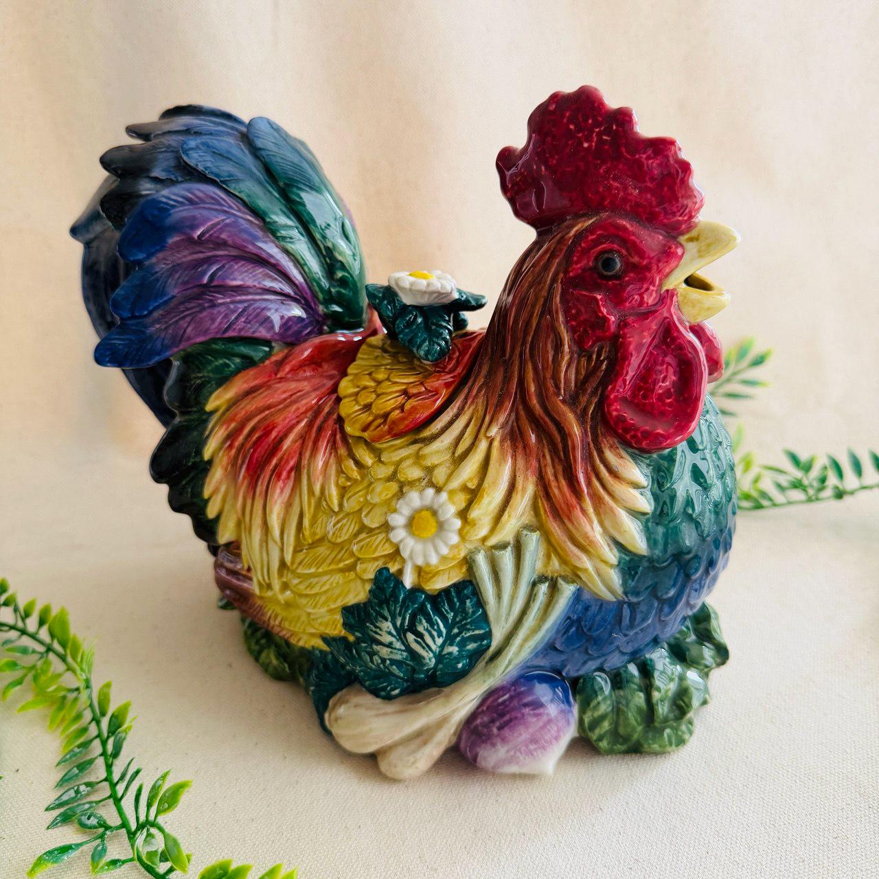 Vintage Fitz & Floyd Rooster Shaped Coq Du Village Teapot } Bright