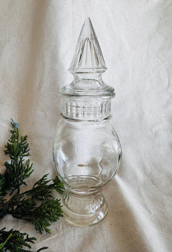 Vintage Wheaton Clear Glass Apothecary Drug Store Candy Jar Bottle with High Pointed Lid } Pointed Glass Finial } Ribbed Neck }Cathedral Lid