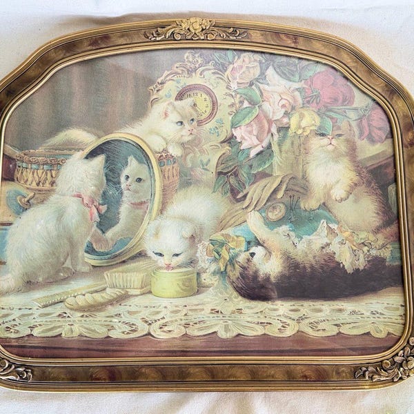 Antique Victorian Gold Framed Print of "The Five Senses" by H.G. Plumb } Ornate Frame with Glass of Playful Cats at Vanity Table } Cat Art }