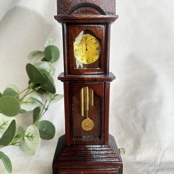 George Good Musical Grandfather Clock } Dollhouse Wood Grandfather Clock } Vintage Grandfather Clock Dark Stained Wood } Gold Colored Detail