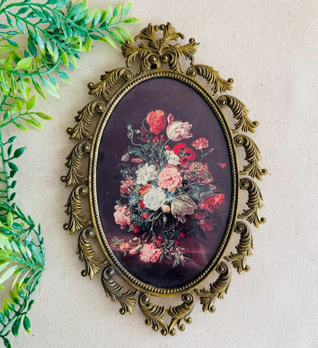 Vintage Oval Italy Ornate Brass Wall Art } Romantic Victorian Floral ...