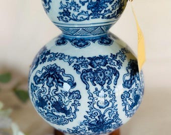 Polo Ralph Lauren Home Blue and White Floral Koi Fish Double Gourd Petite Sized Lamp } Wood Base } Oriental Asian Chinoiserie Vase Jar }