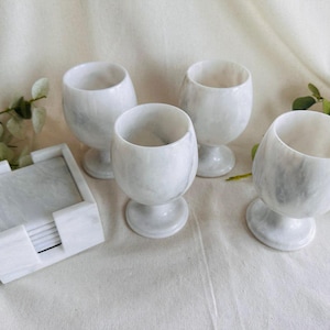 Set of 4 White Onyx Marble Wine Glass Set with Matching Coasters } White Marble Goblets } Natural White Marbling Wine Glasses } Marble Cups