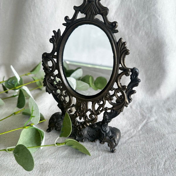 Antique Ornate Brass Cast Vanity Mirror Marked 'N' { Victorian Baroque Table Makeup Mirror  { Vintage Framed Mirror } Oval Framed Mirror }