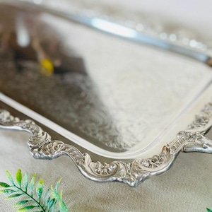 Vintage Silverplate  Butler Tray Rectangle with Ornate Handles and Footed } Poole Silver Co Old English 50131 Cocktail Tray }