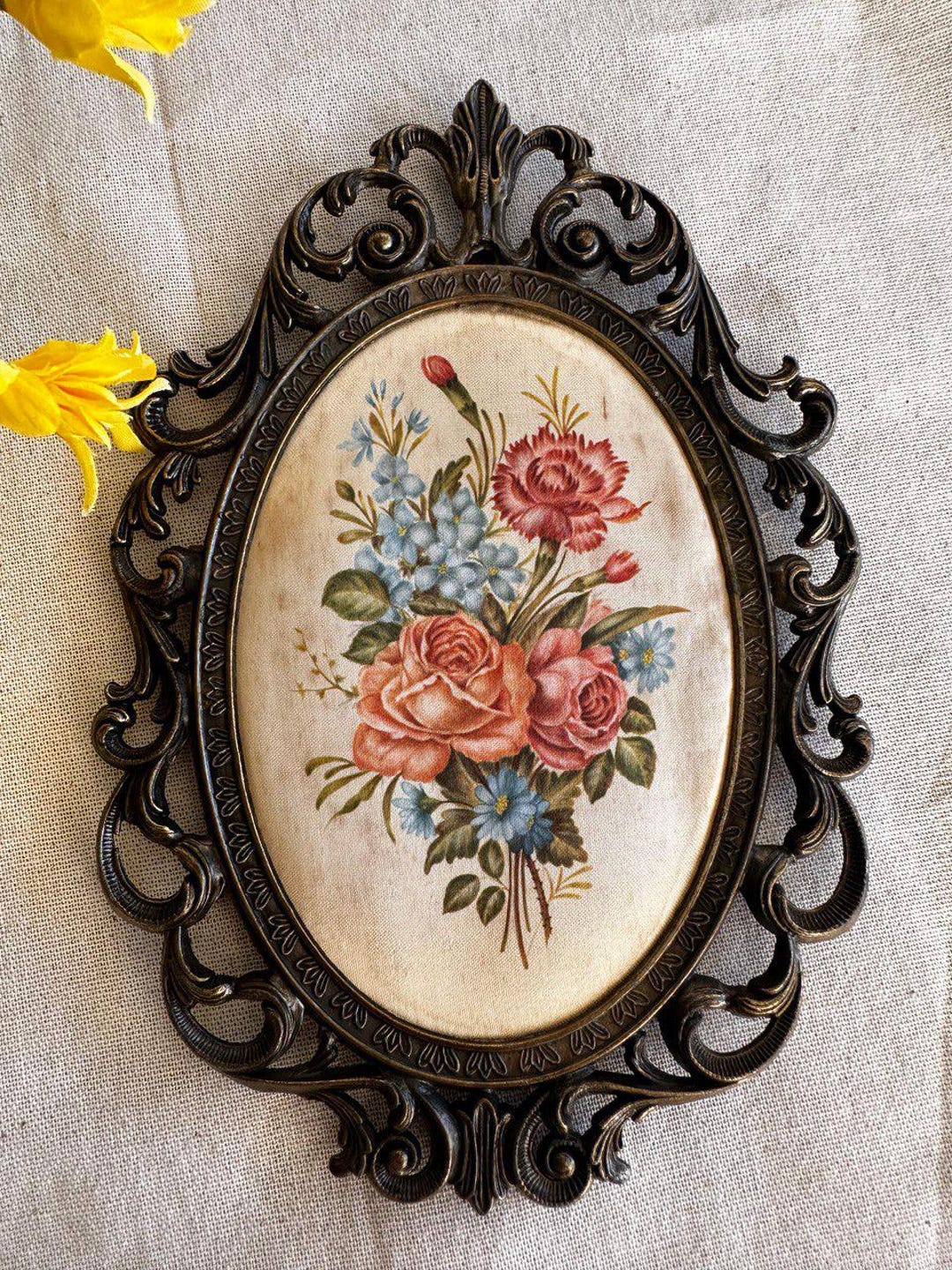 Vintage Brass Ornate Frame } Made in Italy } Floral Oval on Silk