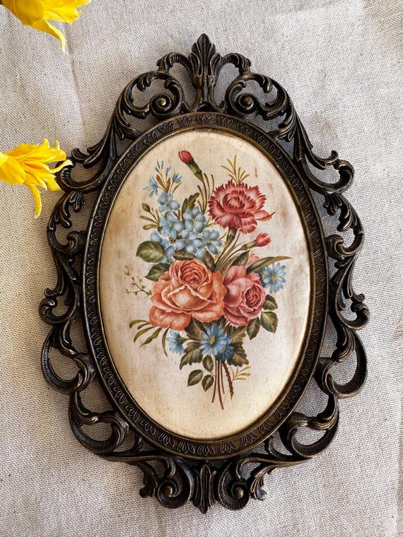 若者に人気のブランド in Made } Frame Ornate Brass Vintage Italy on Oval Floral } 絵画