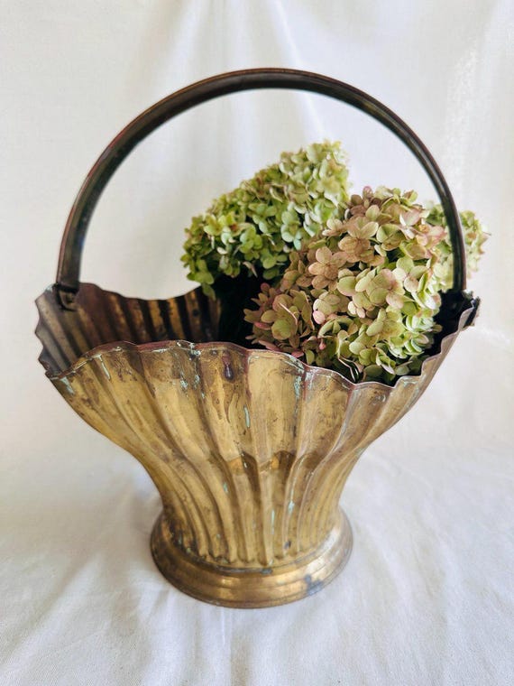 Vintage Large Fluted Brass Basket with Handle Grapevine Accent } Cottage Rustic French Home Decor } Brass Fluted Indoor Planter } Pedestal }