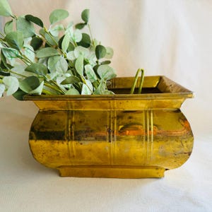 May include: A vintage brass planter with a rectangular shape and curved sides. The planter has vertical lines and a slightly aged appearance. Green leafy stems are arranged inside the planter, adding a touch of nature.