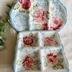 Rosalace Jay Oval and Square Floral Divided Serving Bowl Dish Platter { Red Green Floral Tray } Beautiful Ceramic Serving Ware }