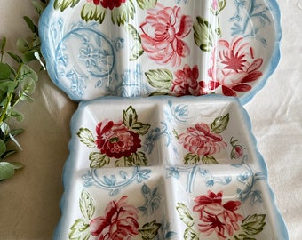 Rosalace Jay Oval and Square Floral Divided Serving Bowl Dish Platter { Red Green Floral Tray } Beautiful Ceramic Serving Ware }