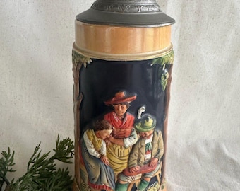 Vintage Beer Stein } Western Germany H Stein Marking } Pewter Lid } Auf Der Alm } Da ist Es Schon } On the alpine pasture } Beer Mug Pewter}