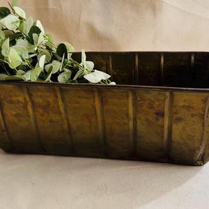 May include: A rectangular, antique-style planter with a weathered, bronze finish. The planter has vertical ribbed detailing and a curved rim. Greenery with round leaves spills over the edge, adding a natural element. Ideal for indoor or outdoor use.