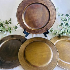 Set of 4 Hammered Brass Charger Plates } 13&quot; in Diameter } MCM Gold Bronze Tone Charger Plates } Solid Brass Charger Plates } Rustic Plates