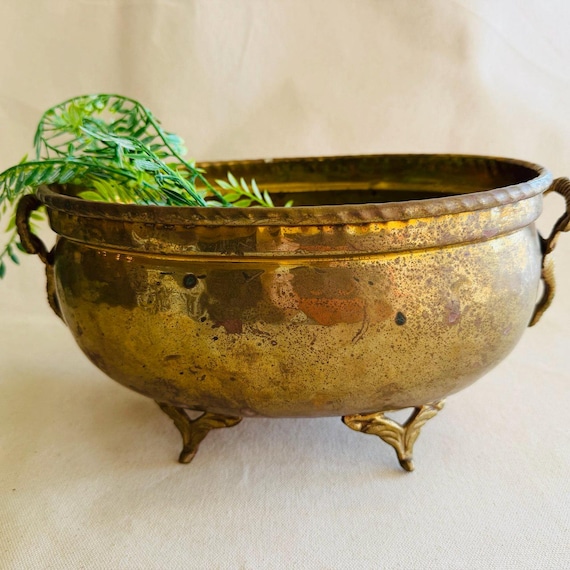 Vintage Brass Gold Footed Oval Planter With Elephant Trunk Handles