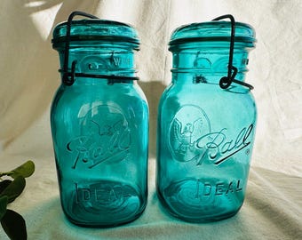 Set of 2 Dark Aqua Blue Turquoise US Bicentennial Jars with Wire Clamp down Glass Lid } Collector Mason Jar }  32 Ounce } Farmhouse Decor }