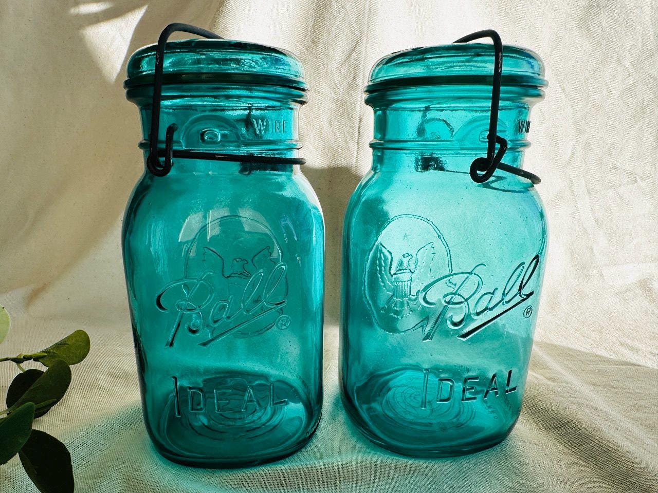 Set of 2 Dark Aqua Blue Turquoise US Bicentennial Jars with Wire Clamp down Glass Lid } Collector Mason Jar }  32 Ounce } Farmhouse Decor }