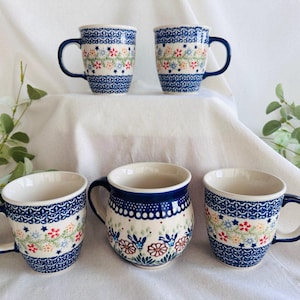 Set of Hand Made Polish Pottery Coffee Mugs } Boleslawiec Ceramic Mugs } Blue White Red Yellow Rose Floral Coffee Cups Mugs } Lg Bubble Mug