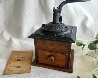 Antique Coffee Grinder } Woodcroftery Coffee Mill { Vintage Coffee Burr { Wooden coffee grinder { Cast Iron { Farmhouse Decor {