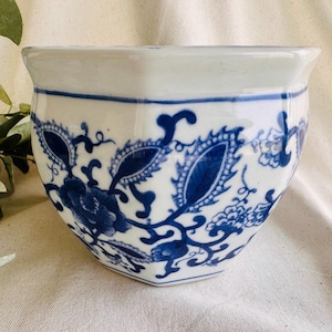 Vintage Small Asian Chinoiserie Fish Ceramic Blue and White Planter } Chinese Hexagonal Planter Pot } Vintage Flower Vase } Floral Motif }