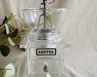 Vintage Clear Acrylic Manual Coffee Grinder } Unique Clear Coffee Burr } Silver Crank Grinder } Transparent Coffee Grinder } Coffee Mill62 }