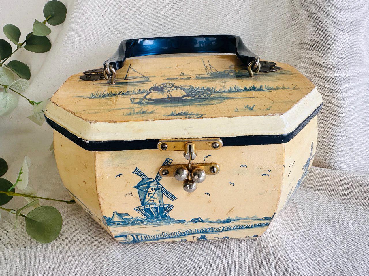 Vintage Painted Wooden Hexagon Box Purse or Jewelry Box } Blue and