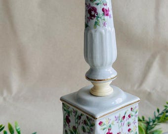 Vintage Adorable Tiered Red Pink Rose Floral and Greenery Lamp } Shabby Chic Feminine Table Lamp } Floral Candlestick Porcelain Lamp }