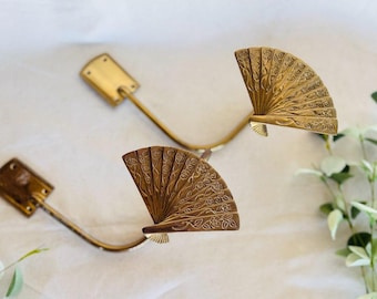Vintage Brass Fan Curtain Tie Backs } Japanese Fan Floral Design Window Holdbacks } Floral Etched Gold Hooks for Curtains }