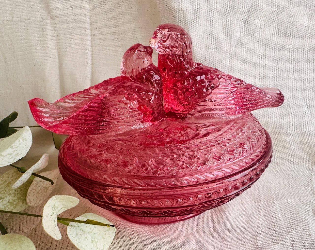 Vintage Thistle Pink Glass Jar With Lid } Love Birds on Nest