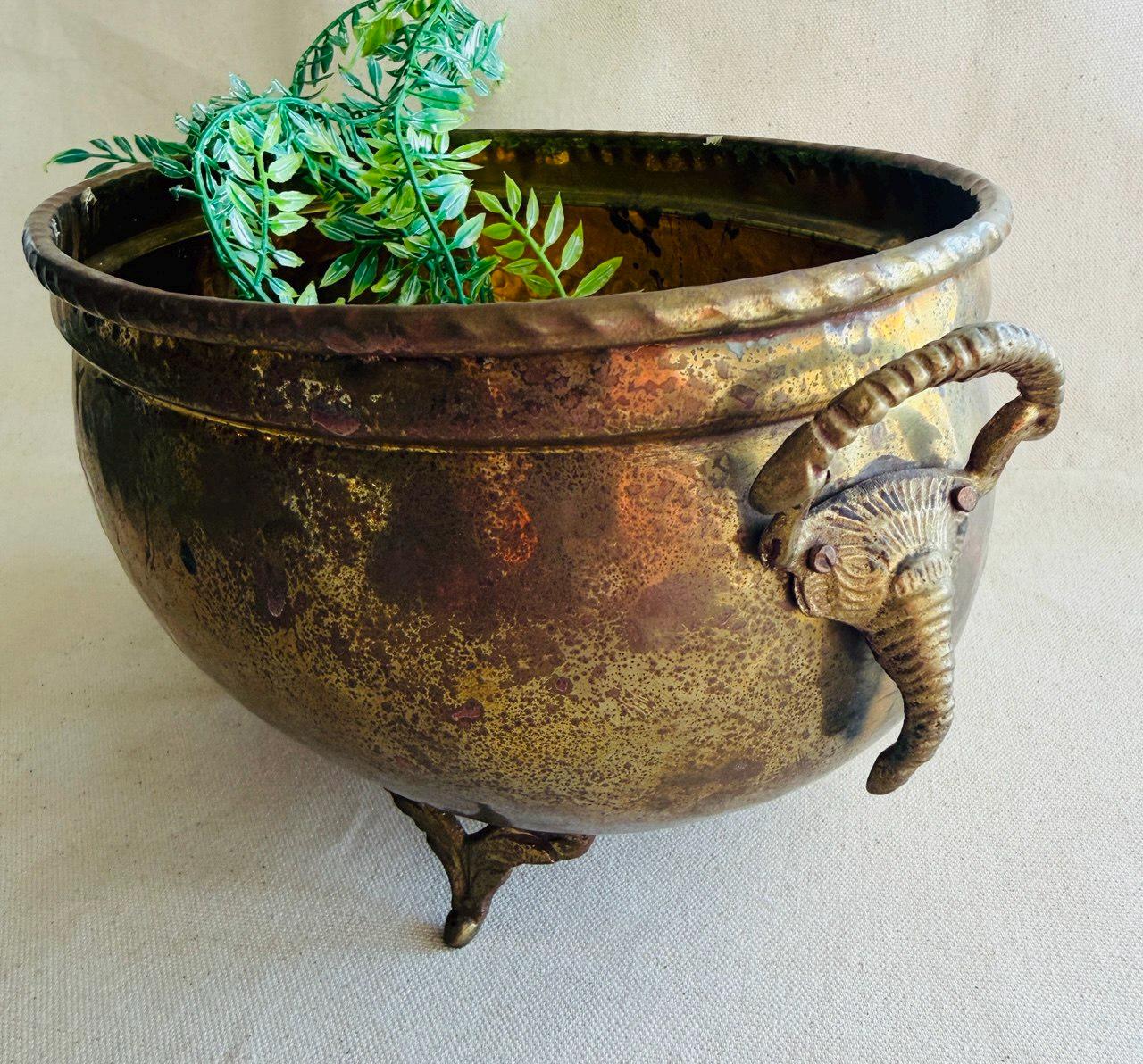 銅製 パエリアパン 約30cm 真鍮ハンドル 錫引き ヴィンテージ Vintage Brass Gold Footed Oval Planter With Elephant Trunk Handles