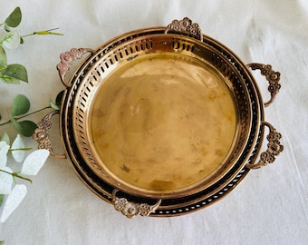 Set of 3 Vintage Nestled Round Brass Trays with Ornate Floral Design Handles } Gold Pierced Sides Round Brass Decorative Trays Platter }