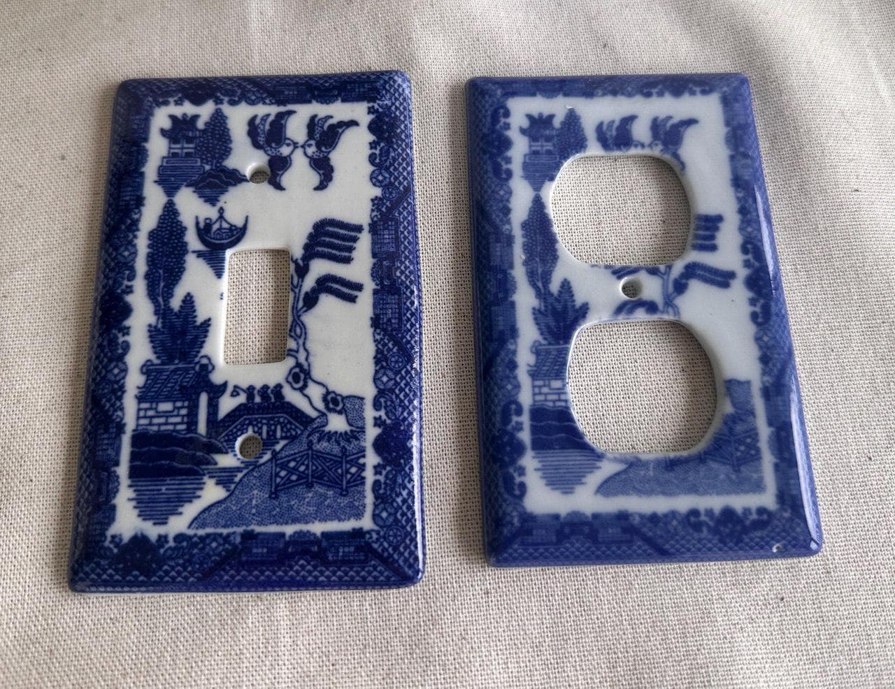 Vintage Blue Willow Outlet and Single Switch Cover } Blue White Ceramic Porcelain Switch and Double Outlet Covers { French Country Decor }