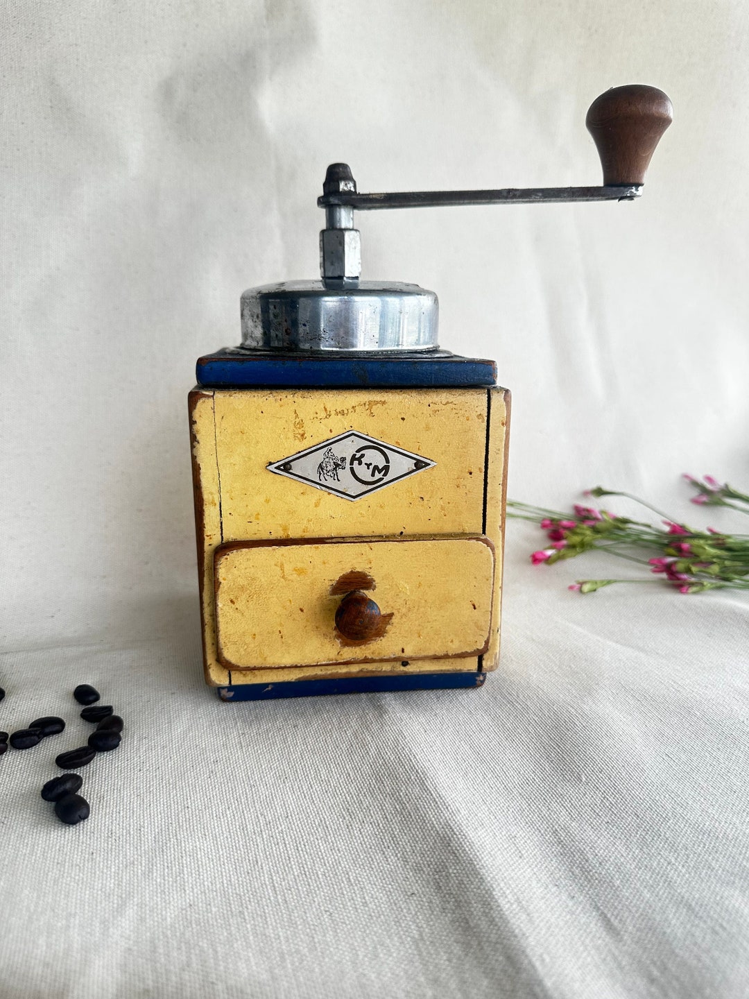Antique KYM Coffee Grinderwooden Coffee Millvintage Blue and Yellow