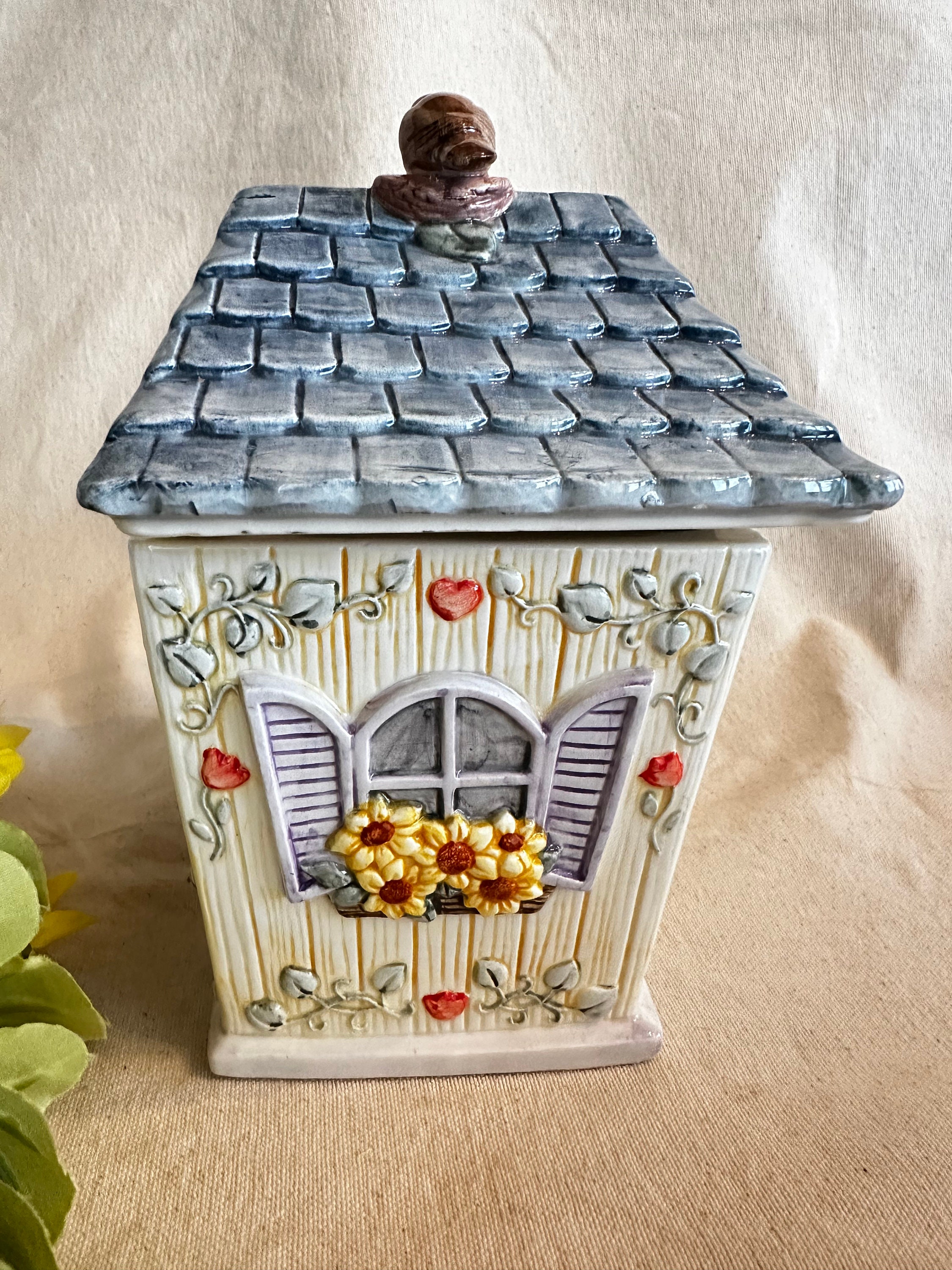 Bird House Cookie Jar Blue Bird Kitchen Canister Blue and White Cottage