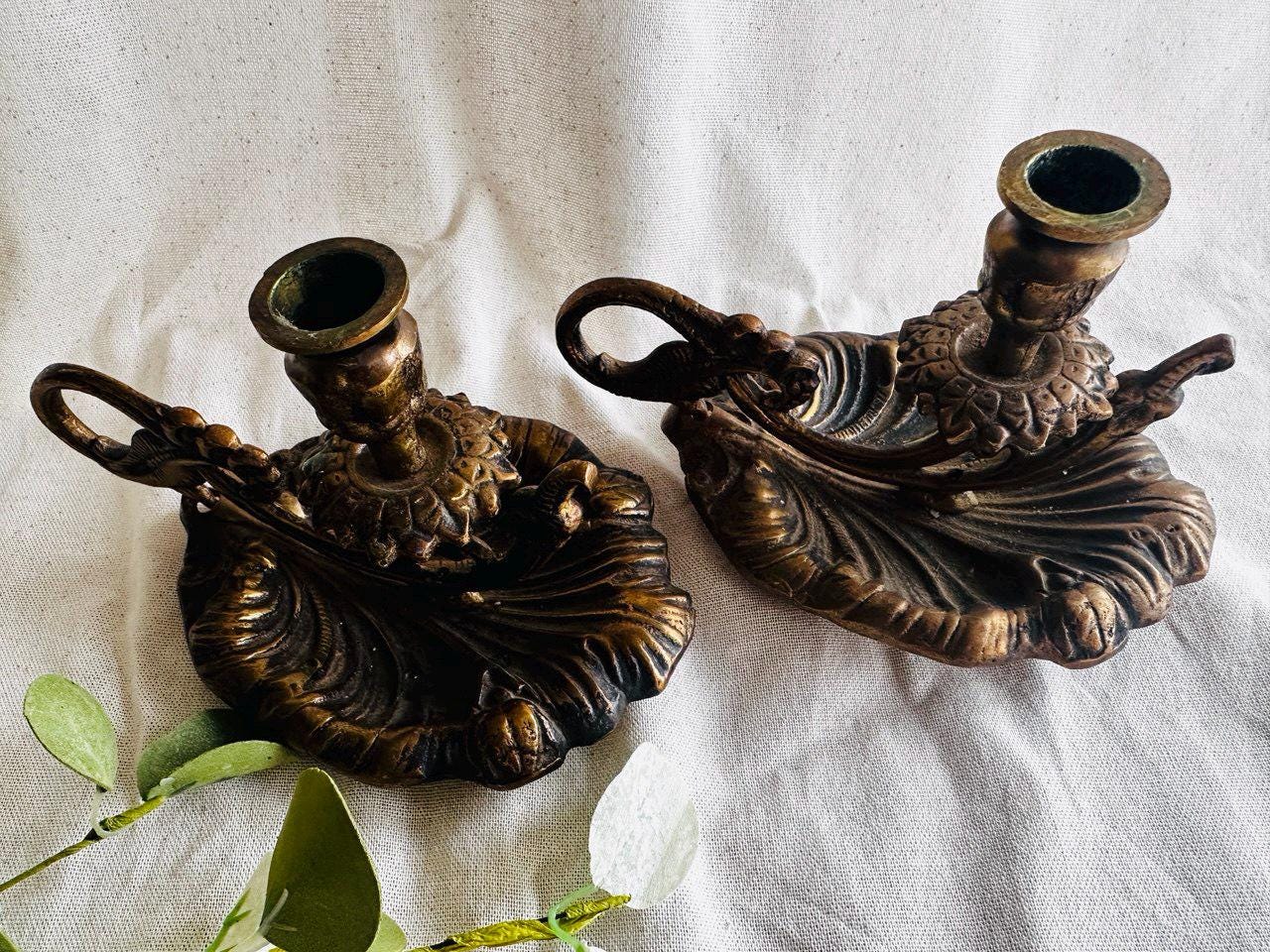 Vintage Set of 2 Brass Ornate Chamber Stick Candle Holder