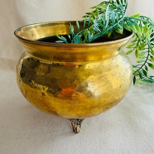 May include: A vintage brass planter with a rounded body and a wide, flared rim. The planter rests on three small, decorative feet. Greenery spills over the rim, adding a natural contrast to the polished gold surface. The planter is ideal for displaying plants.