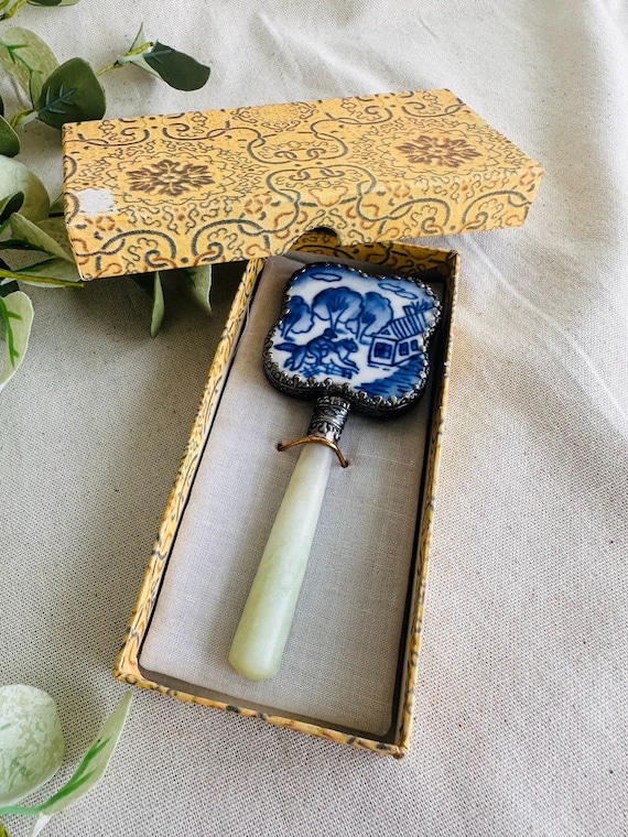 Vintage Chinese Hand Mirror Jade Handle } Blue White Hand Painted