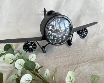 Rustic Sinclair Aircraft Airplane Clock { Black Silver Metal Antiqued Airplane clock } Secret Storage Inside } Airplane Table Clock }