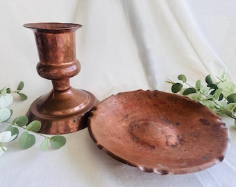 Antique Copper Candle Holder and Copper Round Bowl Tray }  Copper Candle Stick Holder Primitive Chamber Candle Holder } French Country Decor
